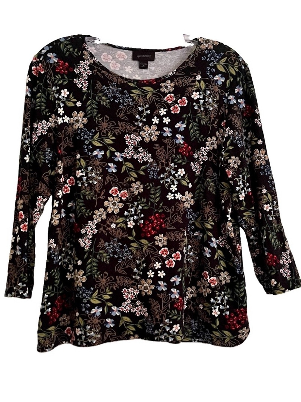 J. Jill Wearever Collection Floral Top MP Black Scoop-Neck Long-Sleeve